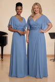 A Line Dusty Blue V-Neck Chiffon Long Choir Dress with Short Sleeves