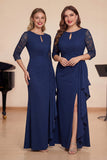 Navy Sheath Ruffled Lace 3/4 Sleeves Choir Dress with Slit