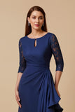 Navy Sheath Ruffled Lace 3/4 Sleeves Choir Dress with Slit