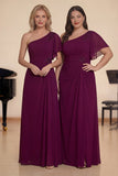 Burgundy One Shoulder A-Line Appliqued Long Chiffon Choir Dress