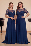Navy A Line Appliqued Illusion Neck Long Choir Dress with Short Sleeves