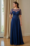 Navy A Line Appliqued Illusion Neck Long Choir Dress with Short Sleeves