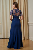 Navy A Line Appliqued Illusion Neck Long Choir Dress with Short Sleeves