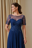 Navy A Line Appliqued Illusion Neck Long Choir Dress with Short Sleeves
