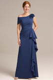 Navy Sheath One Shoulder Ruffled Long Mother of the Bride Dress with 3D Flower