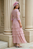 Blush A-Line V-Neck Tiered Chiffon Mother of the Bride Dress with Lace Appliques