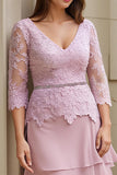Blush A-Line V-Neck Tiered Chiffon Mother of the Bride Dress with Lace Appliques