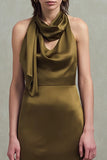 Olive Satin Sheath Long Formal Dress with Ruffles
