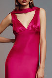 Fuchsia Sheath Satin V-Neck Long Formal Dress with Ruffles