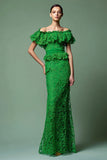 Green Lace Sheath Puff Sleeves Long Formal Dress with Ruffles