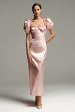Pink Satin Sheath Long Formal Dress with Sleeves