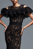 Black Mermaid Lace Long Formal Dress with Ruffles