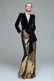 Sparkly Black and Gold Sheath Sequins Long Formal Dress with Bow