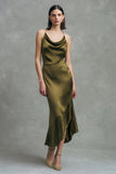 Olive Satin Cowl Neck Long Formal Dress with Ruffles
