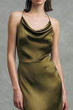 Olive Satin Cowl Neck Long Formal Dress with Ruffles