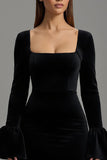 Black Velvet Sheath Long Formal Dress with Sleevs