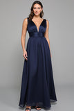 Navy A Line Chiffon V-Neck Long Formal Dress