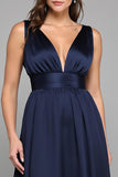 Navy A Line Chiffon V-Neck Long Formal Dress