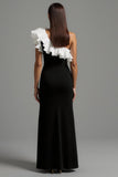 Black and White A Line One Shoulder Long Formal Dress with Ruffles