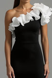Black and White A Line One Shoulder Long Formal Dress with Ruffles