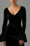 Black Sheath Velvet V-Neck Long Formal Dress with Sleeves