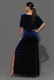 Navy Sheath Velvet Boat Neck Long Formal Dress with Slit