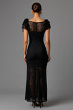 Black Sheath Lace Square Neck Long Formal Dress with Ruffles