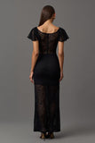 Black Lace Boat Neck Sheath Long Formal Dress with Sleeves