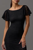 Black Lace Boat Neck Sheath Long Formal Dress with Sleeves