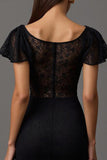 Black Lace Boat Neck Sheath Long Formal Dress with Sleeves