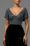 Sparkly Black and Grey A Line Velvet Long Formal Dress with Sequins