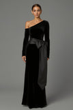 Black Velvet One Shoulder Long Formal Dress with Bow