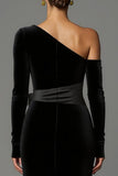 Black Velvet One Shoulder Long Formal Dress with Bow