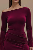 One Shoulder Satin Long Sleeves Burgundy Formal Dress with Slit