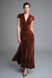 Velvet Caramel Ruched V Neck Long Holiday Party Dress