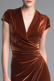 Velvet Caramel Ruched V Neck Long Holiday Party Dress
