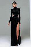 Black Velvet High Neck Long Sleeves Holiday Party Dress with Slit