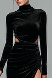Black Velvet High Neck Long Sleeves Holiday Party Dress with Slit