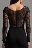 Illusion Neck Black Sheath Long Sleeves Formal Dress with Slit