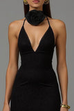 Black Sheath V Neck Long Formal Dress with Lace