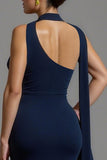 Mermaid Navy Satin Neck Scarf Long Formal Dress