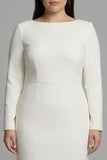 Ivory Sheath Bateau Neck Plus Size Midi Work Dress