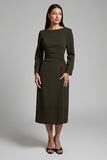 Dark Olive Satin Boat Neck Pencil Midi Work Dress With Sleeves