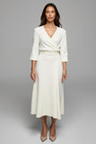 Ivory Satin Ruched V-Neck Pencil Midi Work Dress With Sleeves