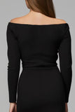 Black Satin Off The Shoulder Pencil Midi Work Dress with Sleeves