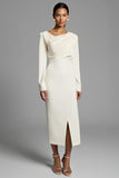 Ivory Ruched Pencil Long Sleeves Work Dress With Slit