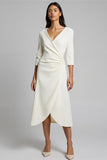 Ivory Ruched Satin V-Neck Midi Work Dress With Sleeves