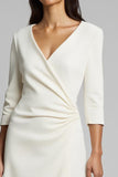 Ivory Ruched Satin V-Neck Midi Work Dress With Sleeves