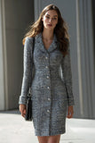 Chic Tweed Single Breasted Notched Lapel Grey Work Dress
