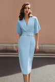 Blue V-Neck Sheath Midi Work Dress With Belt